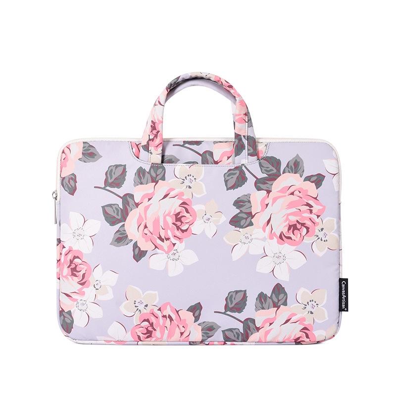 14 Inch Laptop Case Bag with White Rose Pattern and Handle - Grey