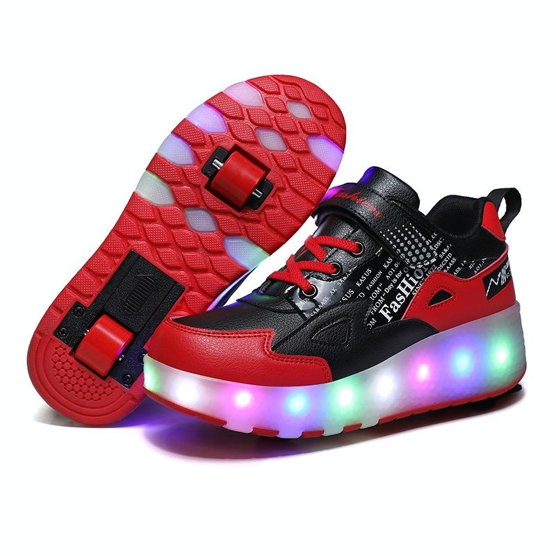 Rechargeable Light Skating Shoes for Kids - Size 30 Two-wheeled - Black And Red