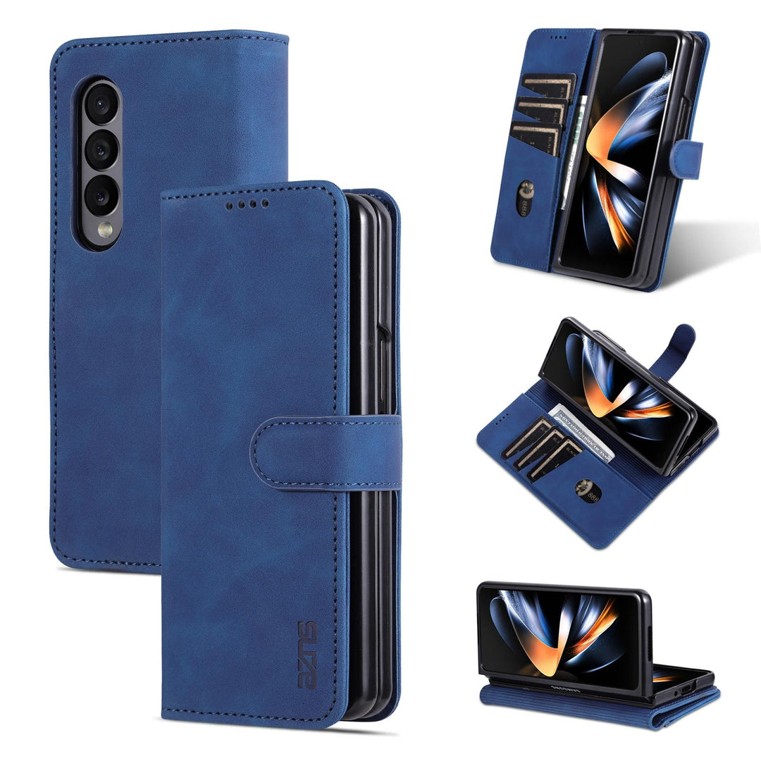 For Samsung Galaxy Z Fold4 5G Leather Phone Case - Smooth Calf Texture - Blue