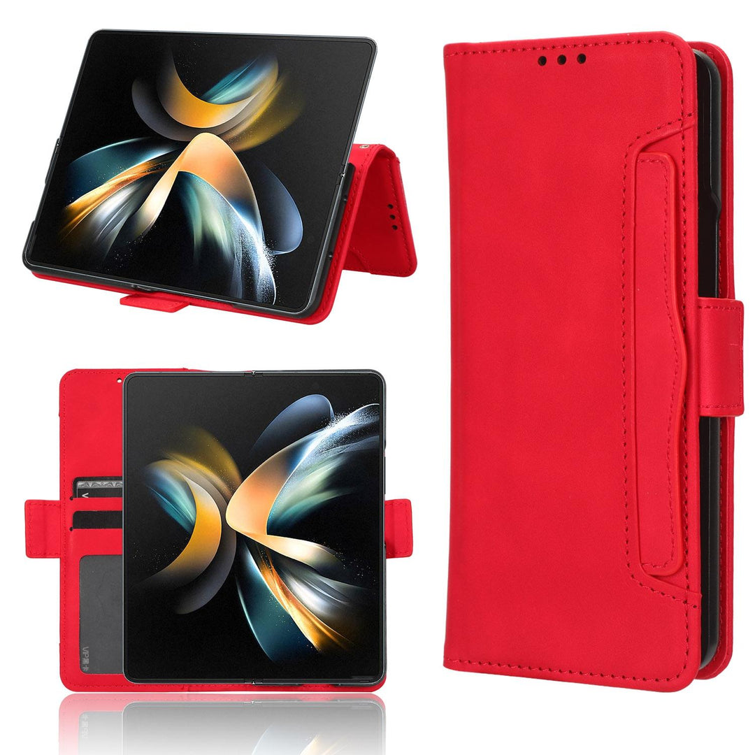 Samsung Galaxy z Fold 4 5g Leather Phone Case with Card Slots and Calf Texture - Red