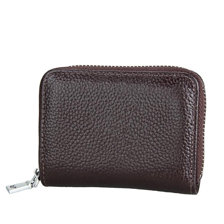 Anti-magnetic Rfid Leather Zip Wallet - Zipper Closure - Coffee