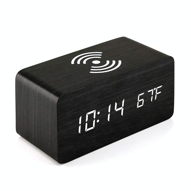 5W Wooden Wireless Charger With Led Mirror Display And Sub Alarm Clock - Black Wood