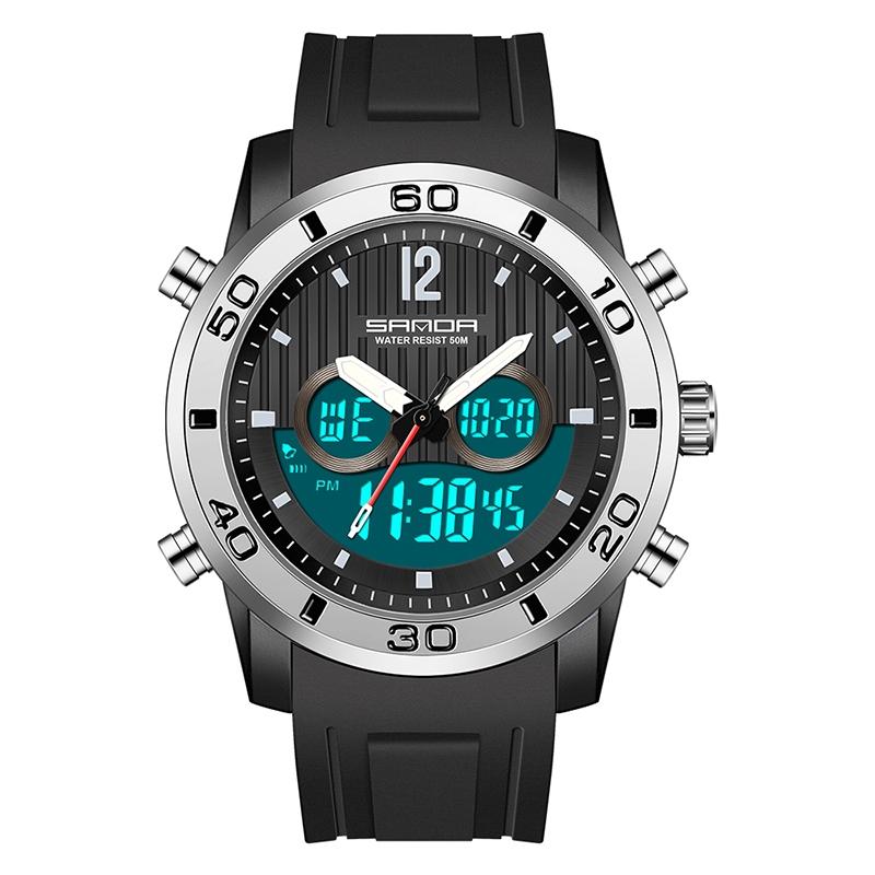 Men Outdoor Sports Shockproof Electronic Watch with Dual Digital Display and Luminous Feature - Black Silver