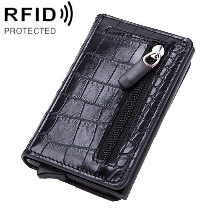 Stainless Steel Rfid Credit Card Holder - Compact Design - Crocodile Grain Black