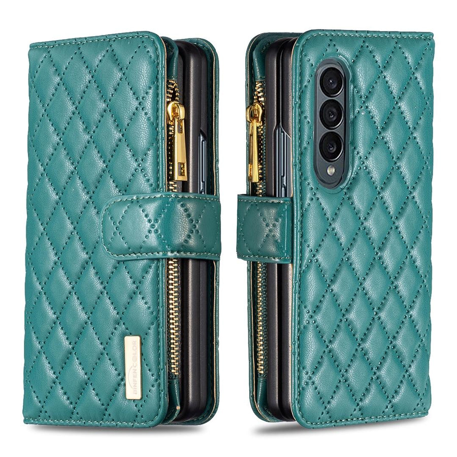 For Samsung Galaxy Z Fold4 5G Leather Zip Wallet - Diamond Lattice Design - Green