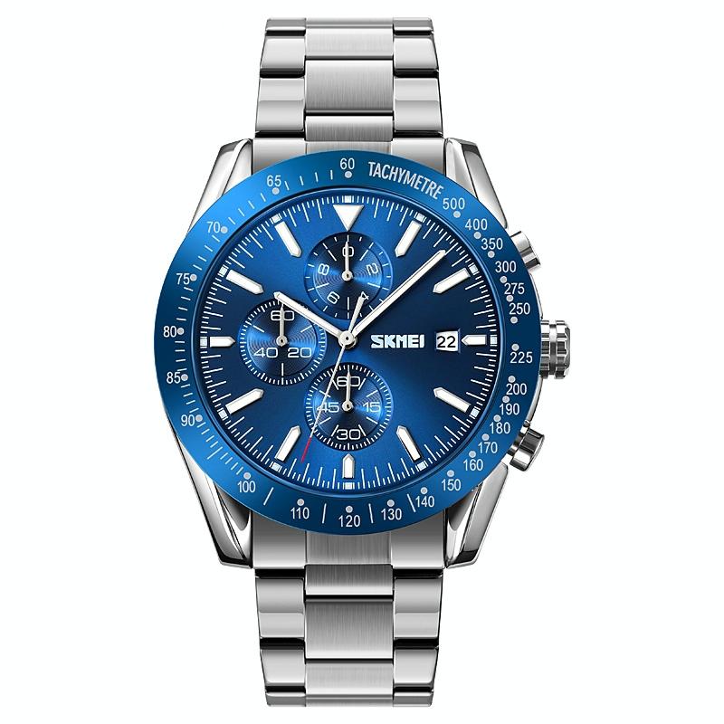 Stainless Steel Strap Quartz Watch for Men with Date and Six Pin Design - Silver Blue