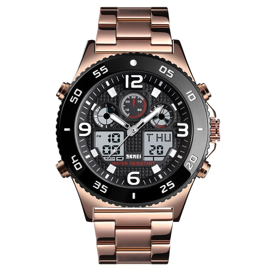 Men Casual Sports Watch with Large Dial and Steel Band - Rose Gold-Steel Belt