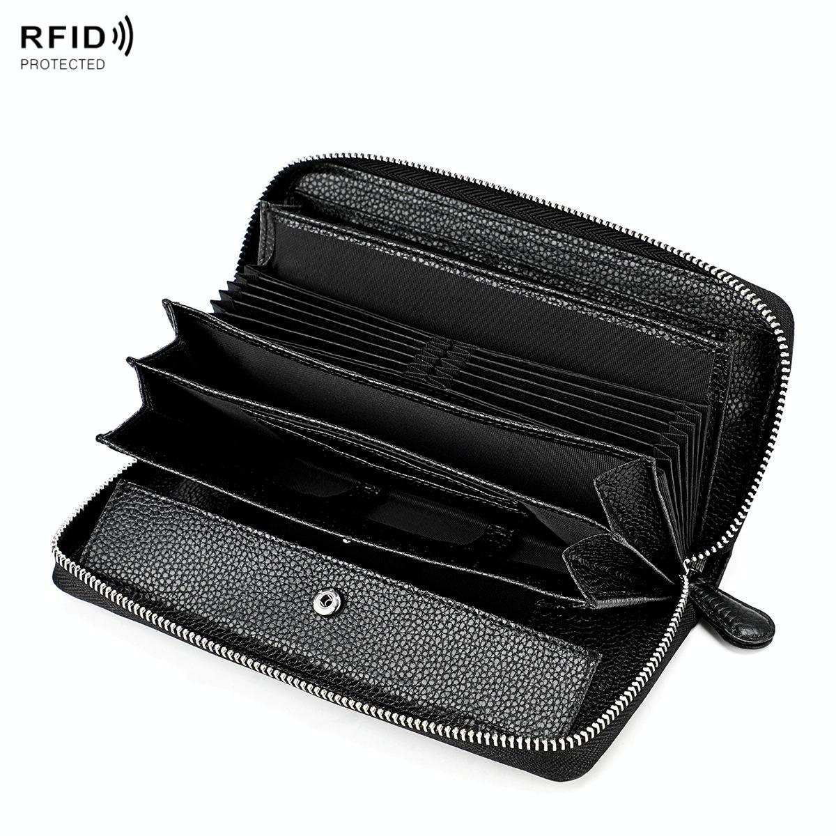 Stylish Rfid Clutch with Zipper - Lychee Texture - Black