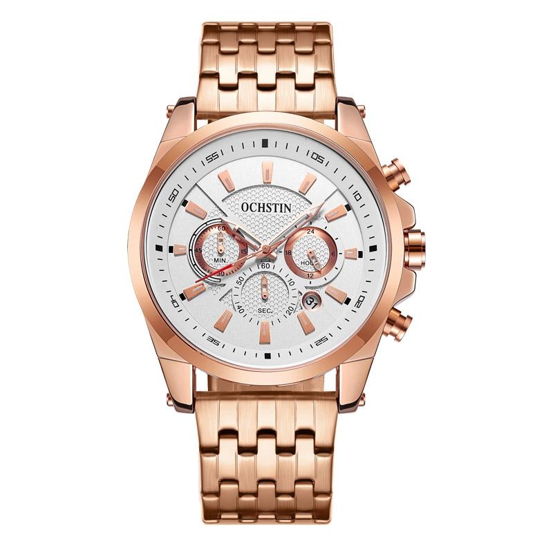 Multifunctional Steel Strap Men Watch - Fashionable Quartz - Rose Gold White