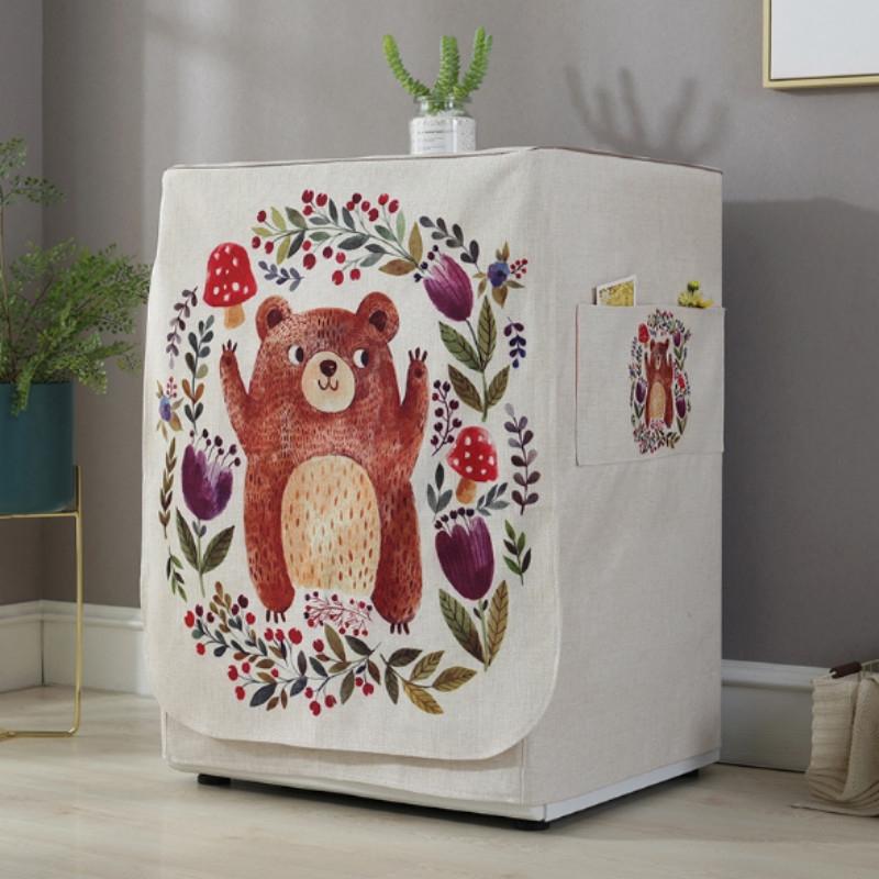 Cartoon Cotton Linen Drum Roller Washing Machine Dust Cover - 83x60x60cm Size - Happy Bear