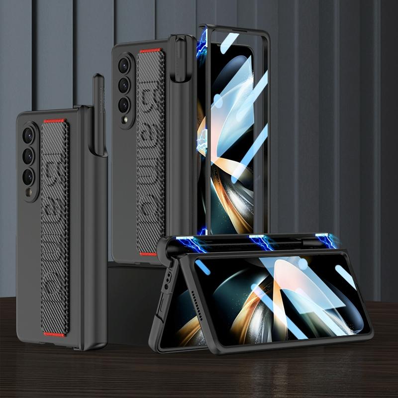 Samsung Galaxy z Fold 4 Shockproof Magnetic Fold Case with Wrist Strap - Carbon Fibre