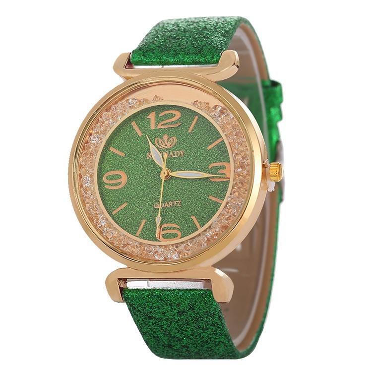 Gold Rhinestone Quartz Watch with Pu Leather Strap for Women - Green