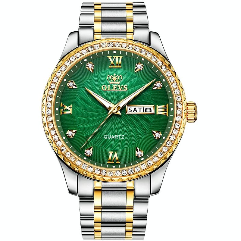 Waterproof Diamond Quartz Watch for Men with Stainless Steel Strap - Green