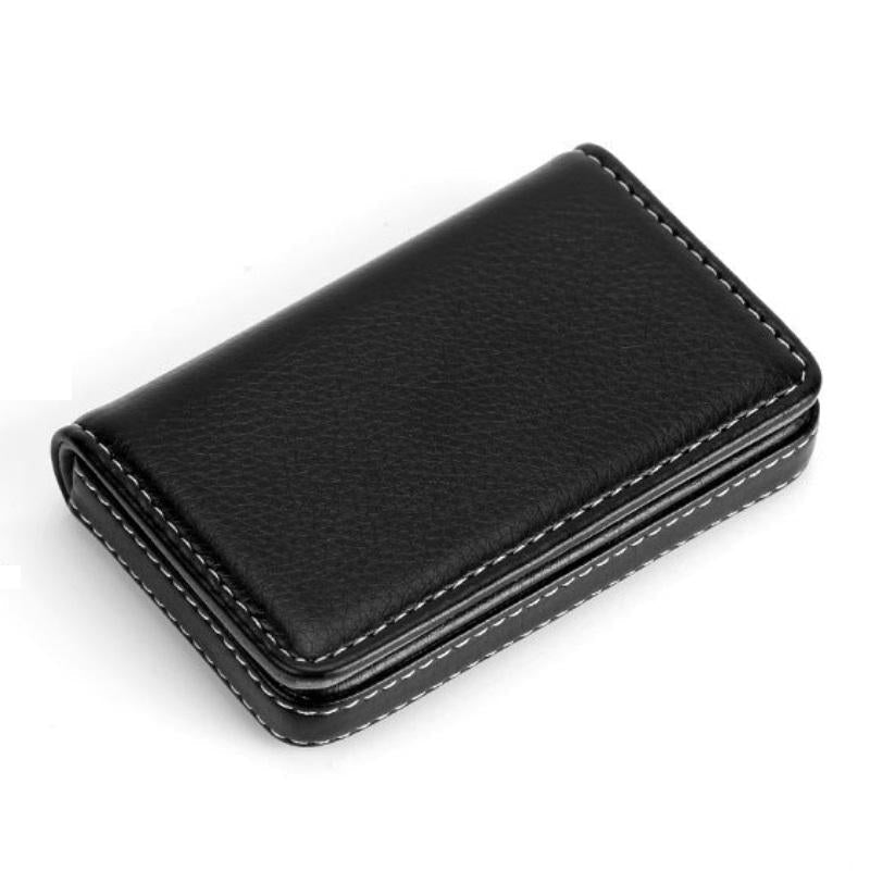 Stainless Steel Magnetic Business Card Holder Pu Leather Case - Black