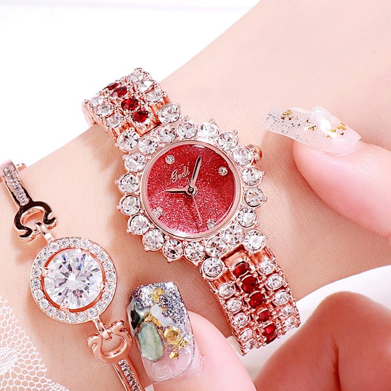 Women Quartz Bracelet Watch with Diamond Accents - Rose Gold Shell Red Plate