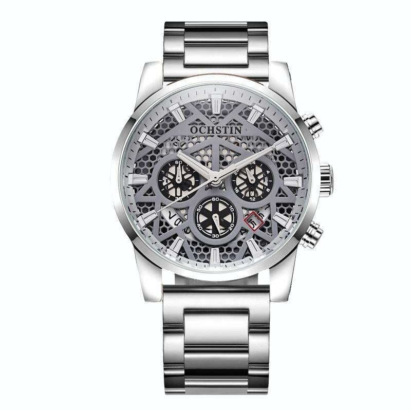 Waterproof Multifunctional Men Watch with Quartz Movement and Steel Strap - Silver Grey