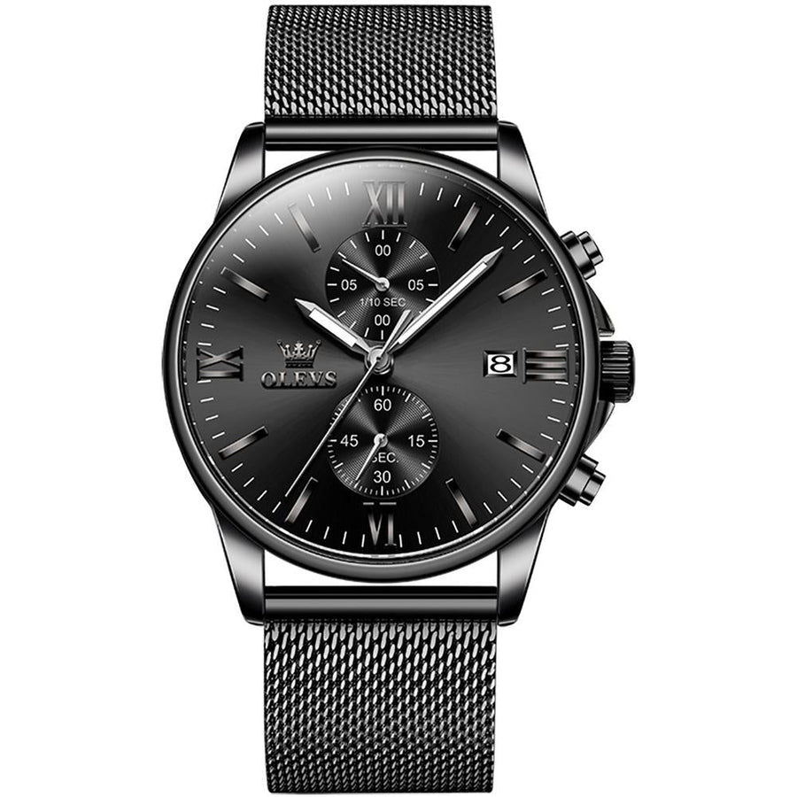 Waterproof Men Chronograph Quartz Watch with Luminous Dial - Black Silver Mesh Strip