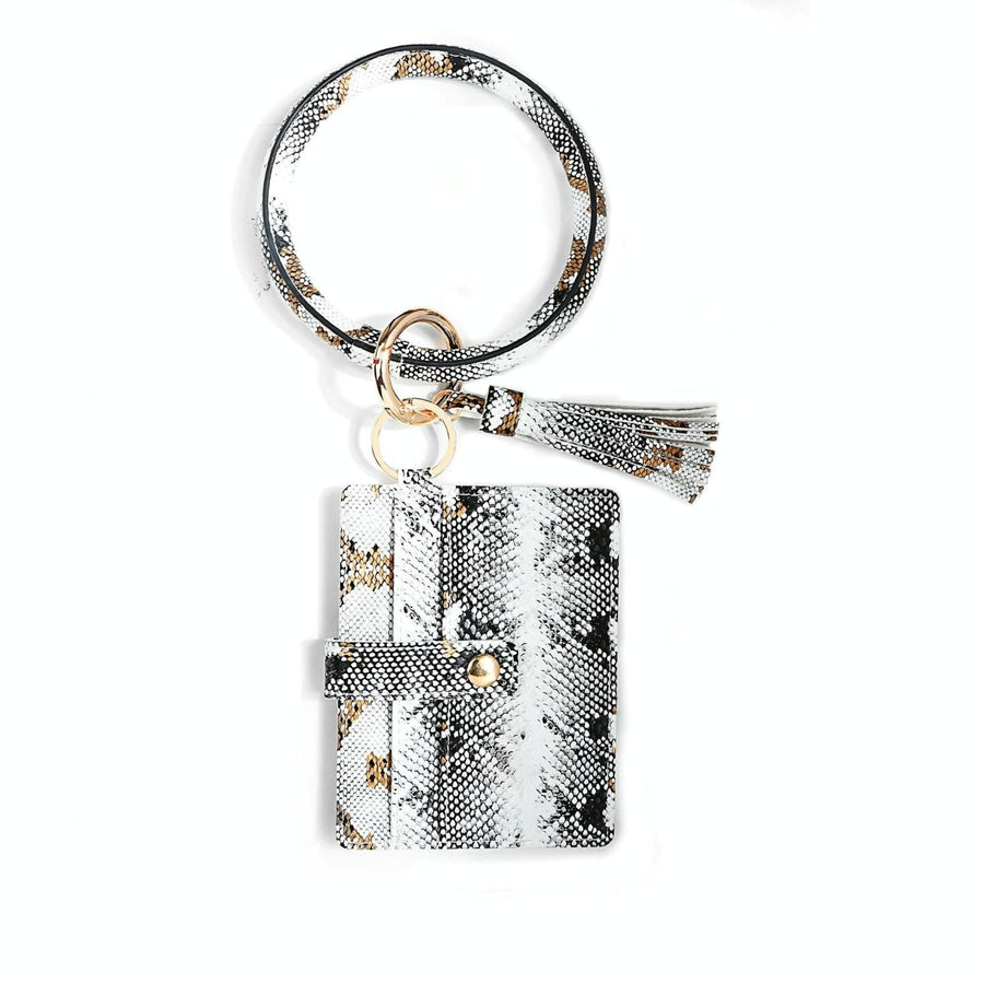 Pu Leather Wrist Ring Key Chain Coin Purse Black - White Snake