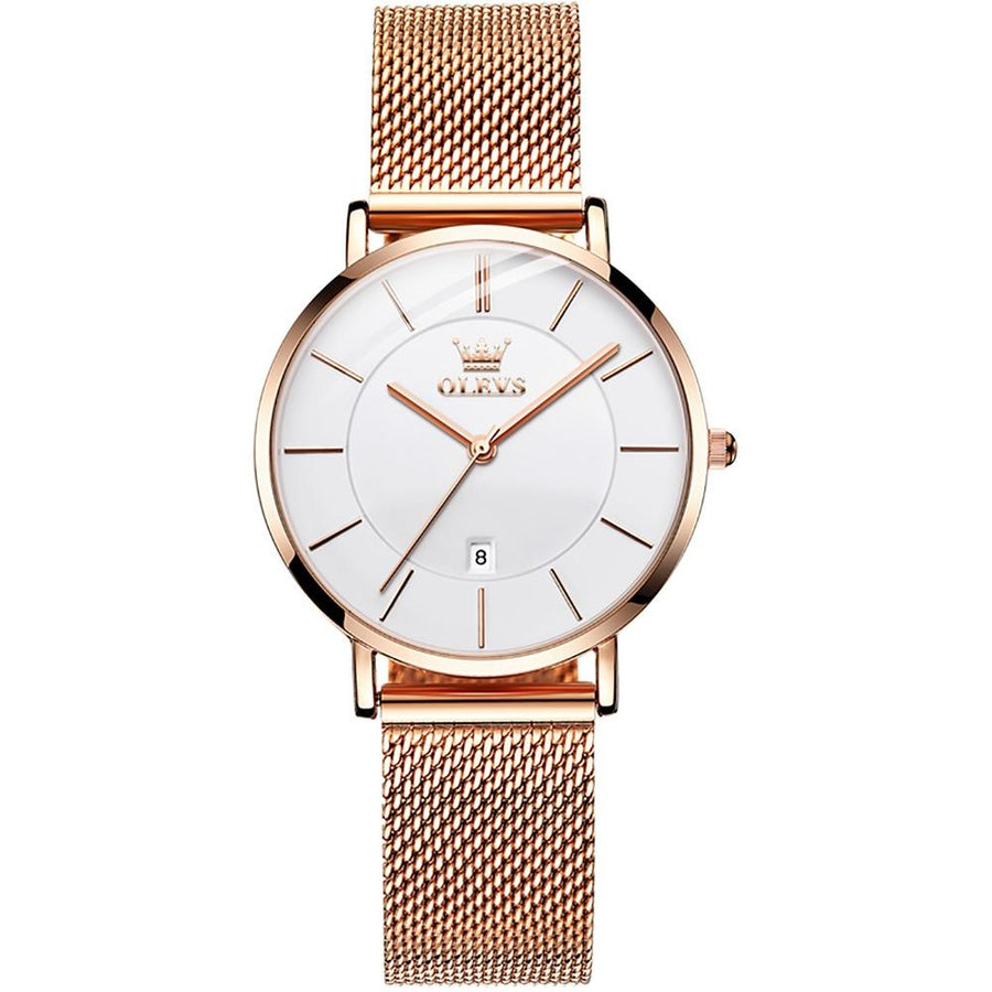 Waterproof Women Quartz Watch with Steel Strap - White + Rose Gold