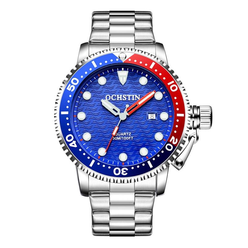 Waterproof Luminous Men Watch with Steel Strap - Multifunctional Quartz - Silver + Blue