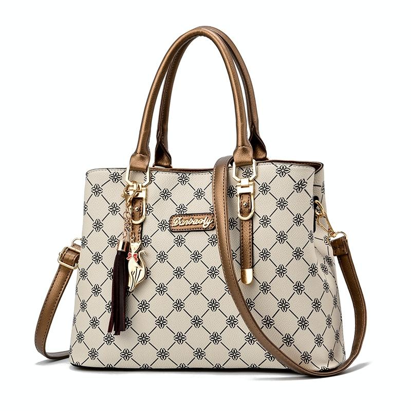 Spacious Print Handbag - Large Capacity - Bronze Rice White Print