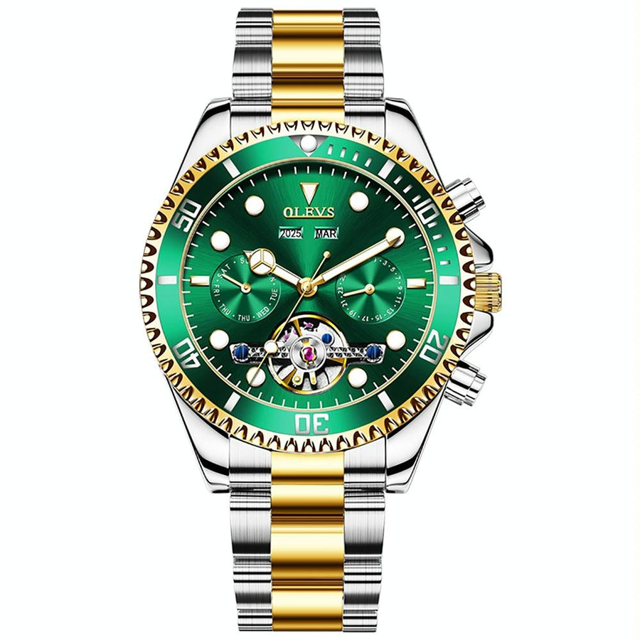 Waterproof Mechanical Watch for Men - Multifunctional - Green + Gold