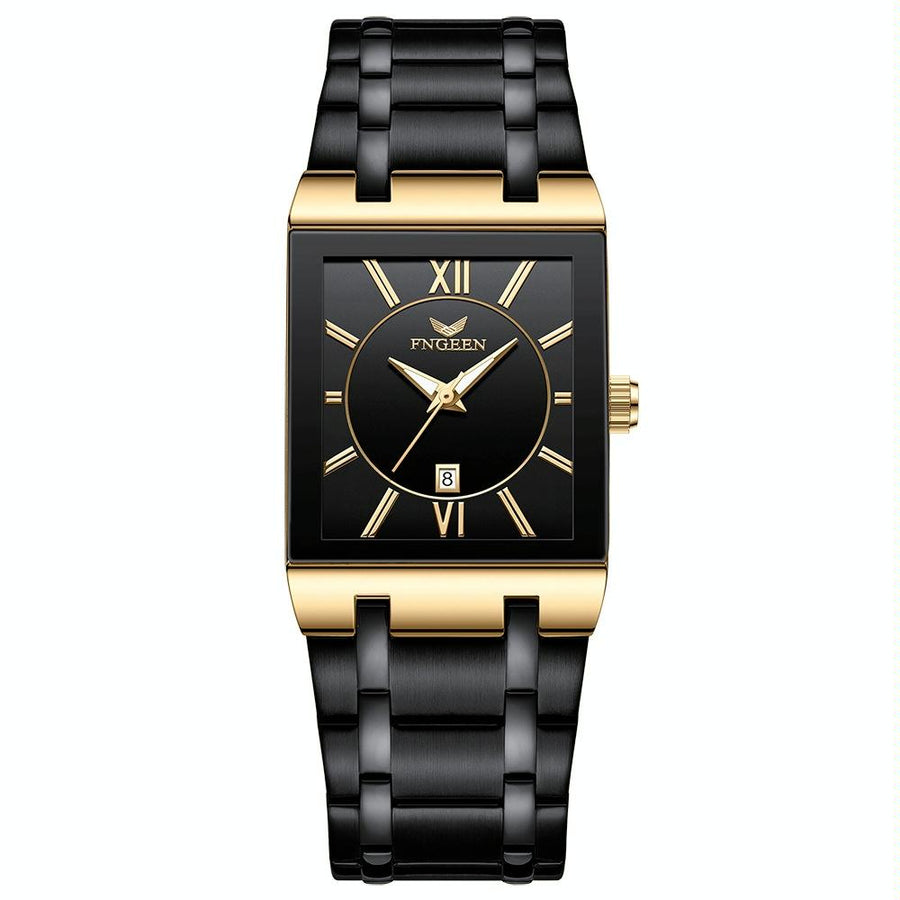 Waterproof Square Men Watch with Calendar - 50m - Black Belt Gold Shell Black Surface