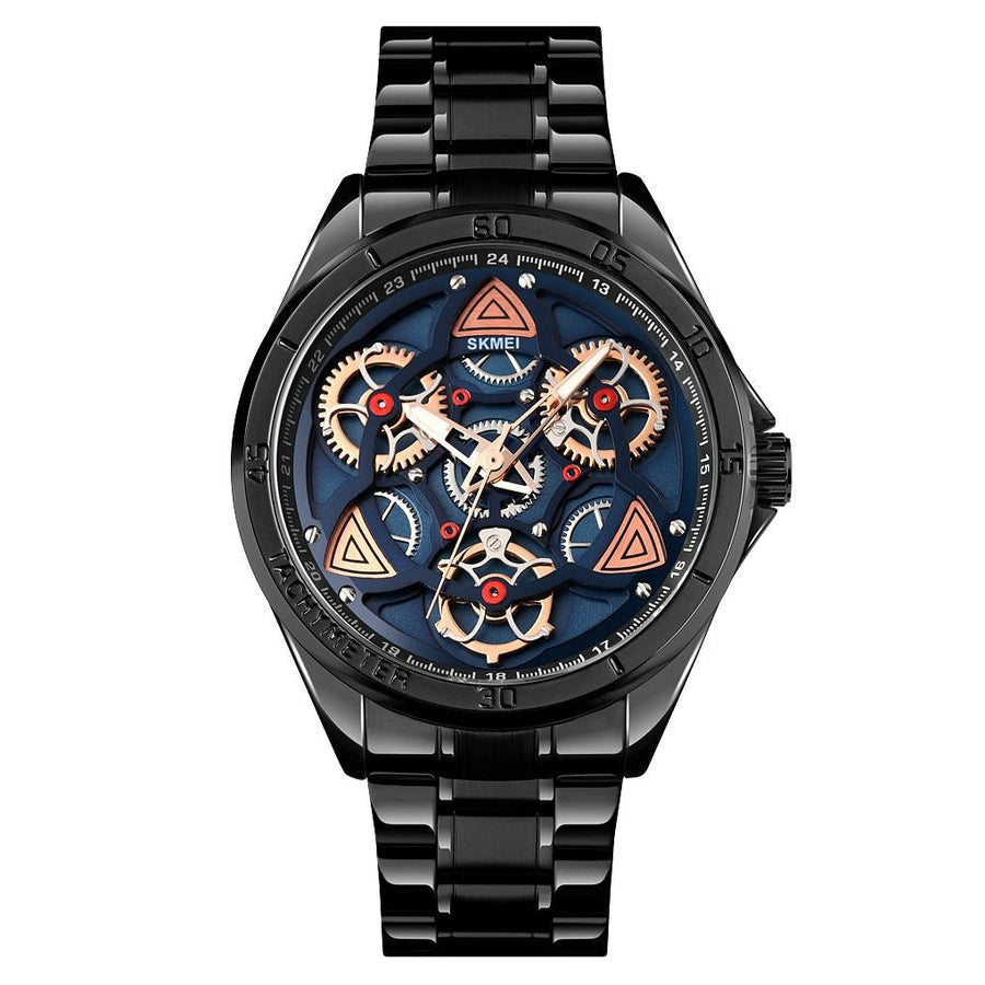 Waterproof Men Quartz Watch with Rotatable Gear Dial - Black Shell Blue Surface