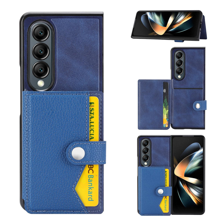 For Samsung Galaxy Z Fold4 5G Samsung Galaxy Z Fold4 Litchi Pattern Single Button Card Holder Phone Case - Blue