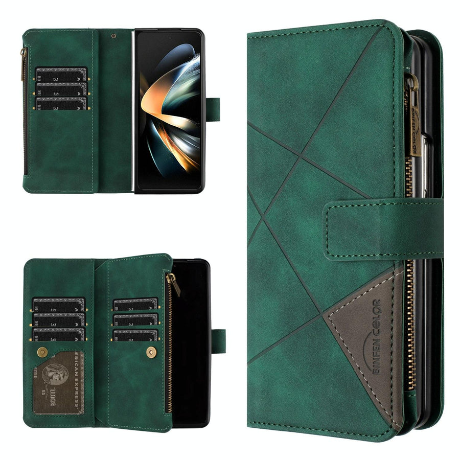 For Samsung Galaxy Z Fold4 5G Leather Zip Wallet With Rhombus Texture - Green