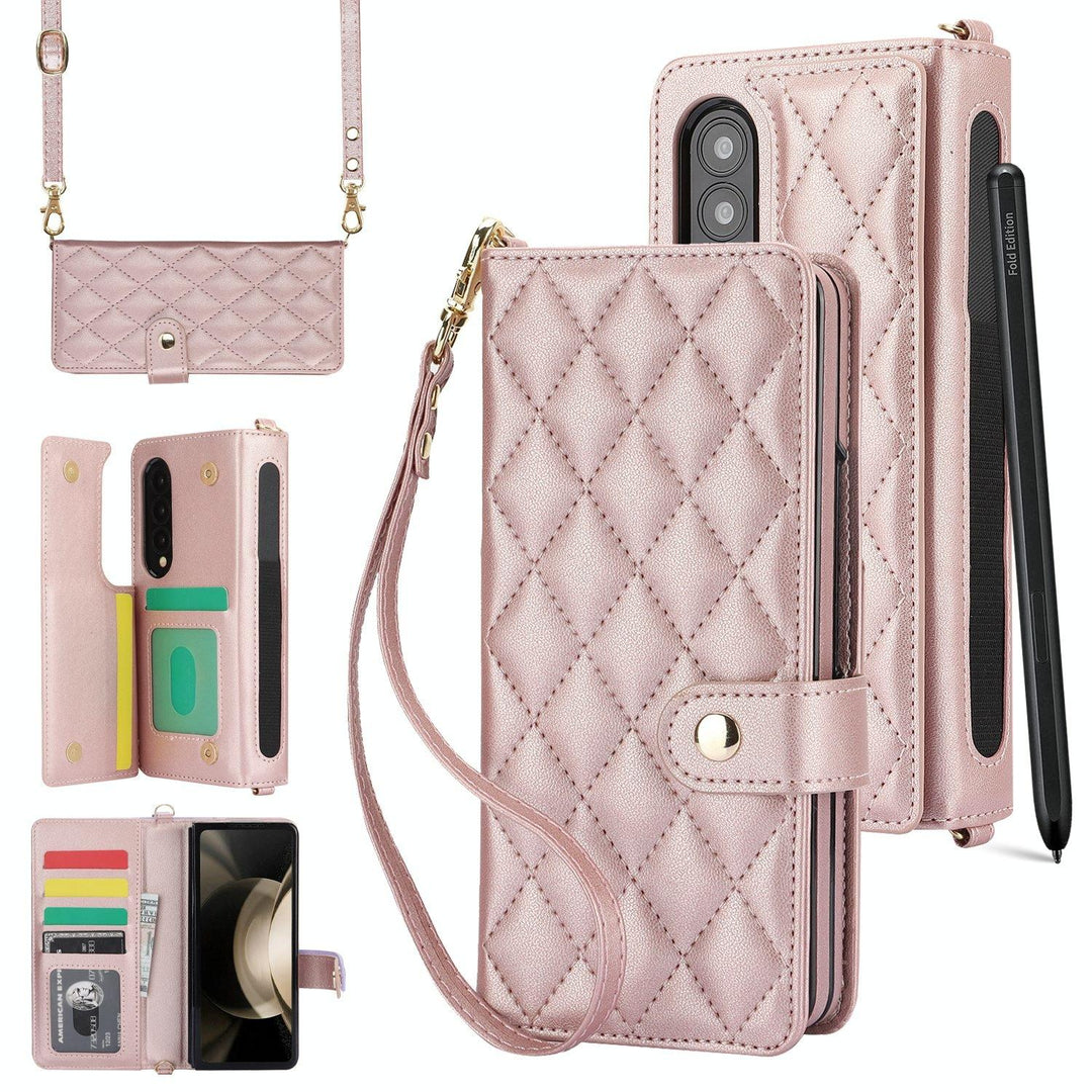 For Samsung Galaxy z Fold4 5G Multifunctional Rhombic Leather Crossbody Phone Case - Rose Gold