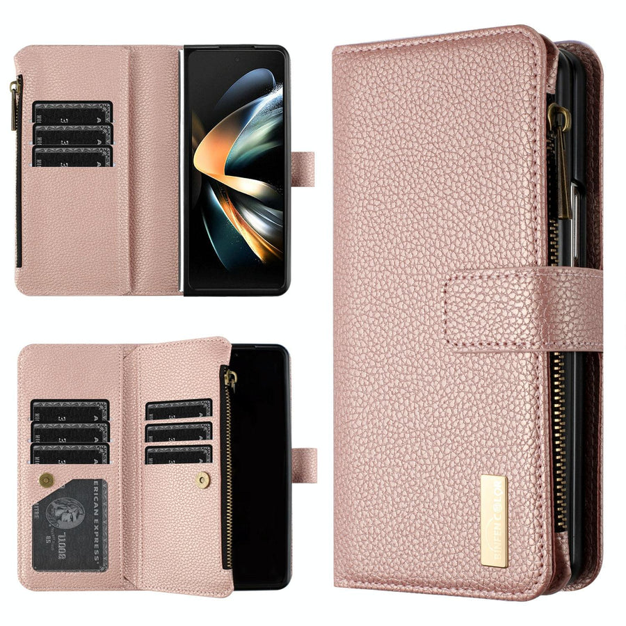 For Samsung Galaxy Z Fold4 5G Litchi Texture Zip Wallet - Gold