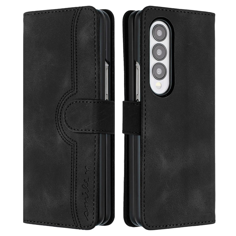 For Samsung Galaxy Z Fold4 5G Leather Phone Case With Heart Pattern - Black