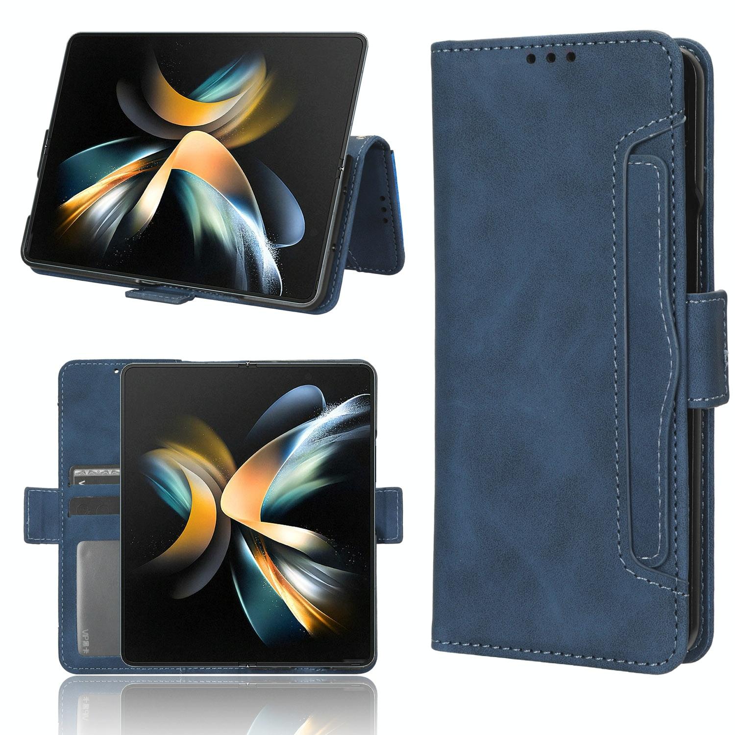 Samsung Galaxy z Fold 4 5g Leather Phone Case with Card Slots and Calf Texture - Blue