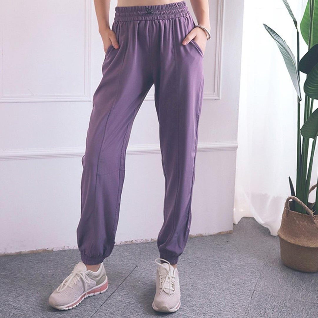 High Waist Drawstring Fitness Pants Black Size L - Smoke Purple M
