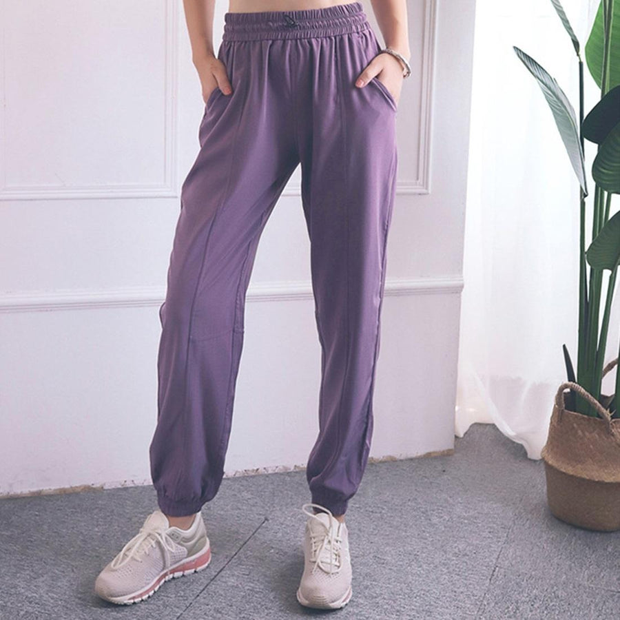 High Waist Drawstring Fitness Pants Black Size L - Smoke Purple M