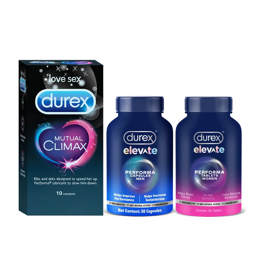 Durex One For All Combo Pack – Mutual Climax Condoms + Elevate Performa Capsules + Elevate Performa Tablets