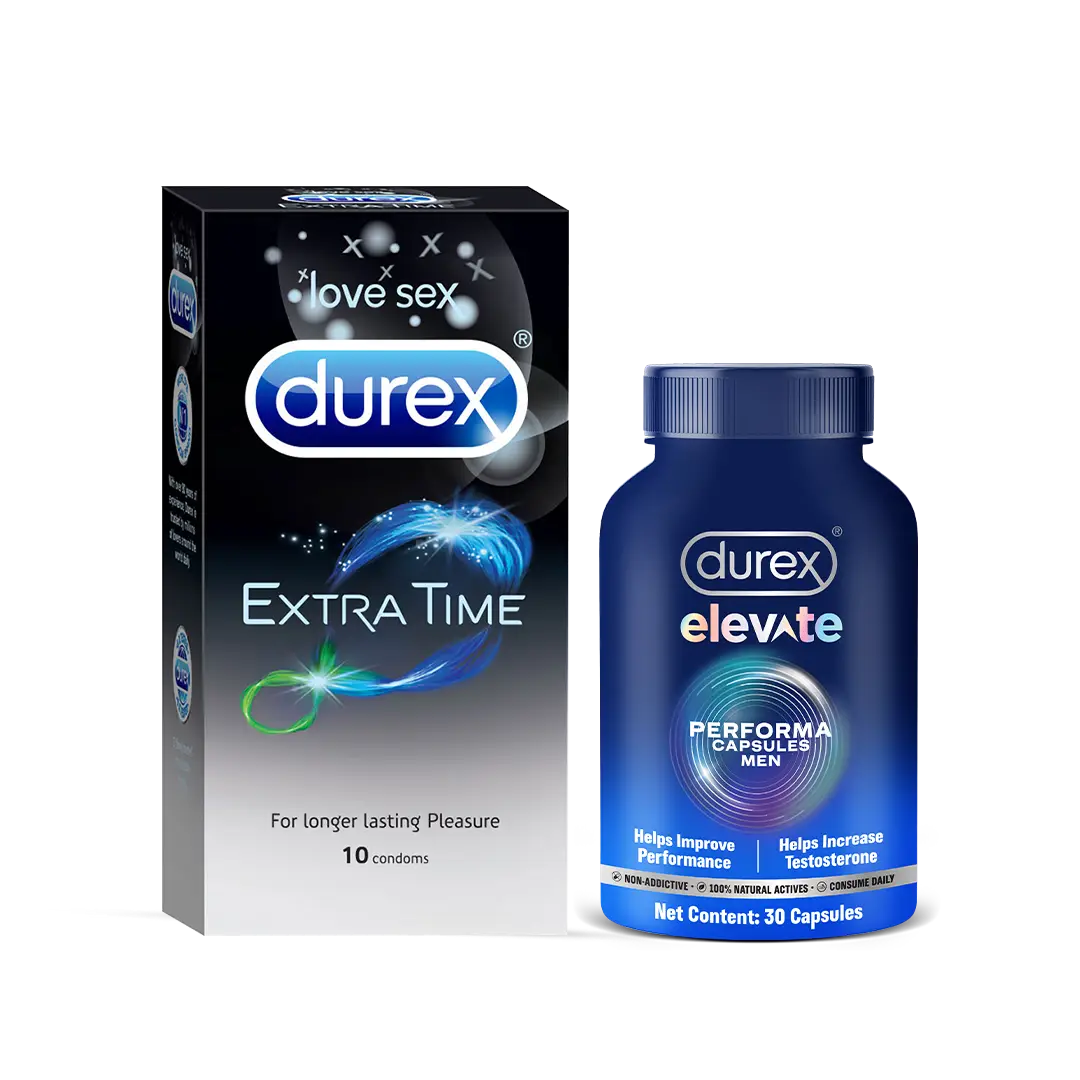 Durex Extra Time Condoms and Elevate Performa Capsules Longer Play Combo Pack