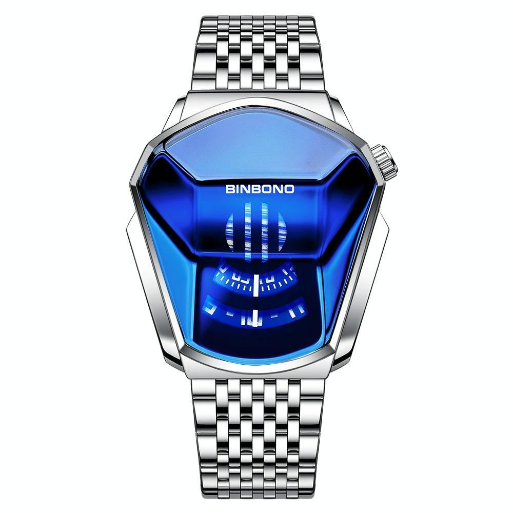 Black Steel Belt Men Watch with Live Technology - White Steel Blue Face
