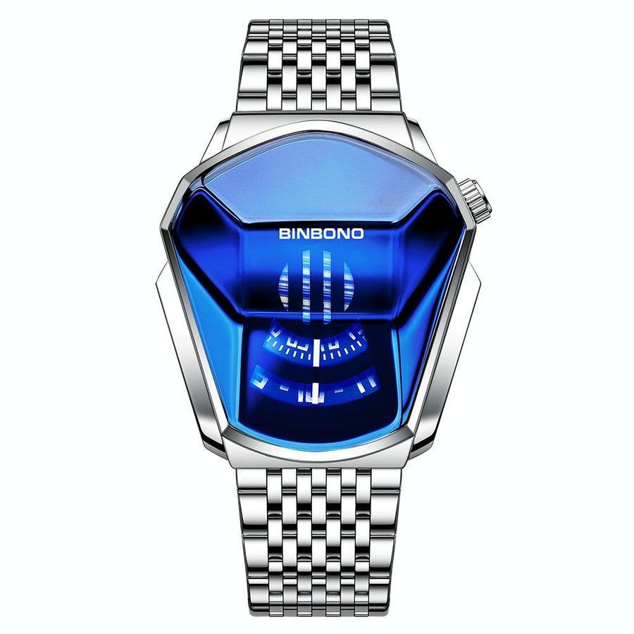 Black Steel Belt Men Watch with Live Technology - White Steel Blue Face