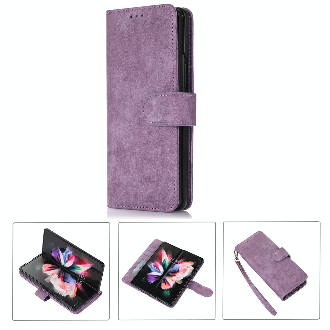 Samsung Galaxy z Fold 4 Leather Phone Case with Pen Slot - Horizontal Flip - Purple
