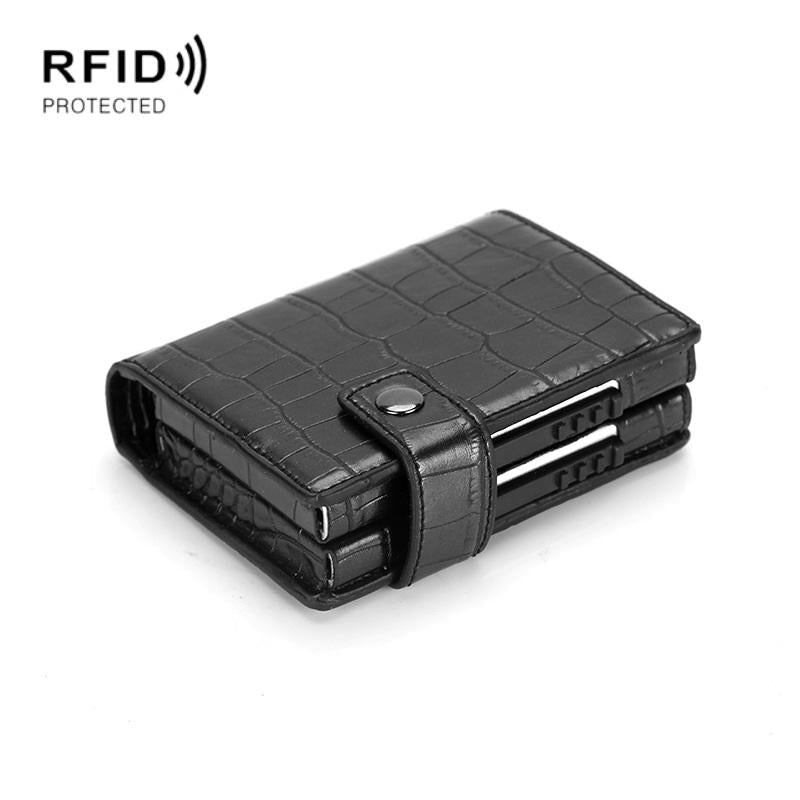 Secure Dual Card Wallet with Rfid Blocking - Crocodile Pattern Black
