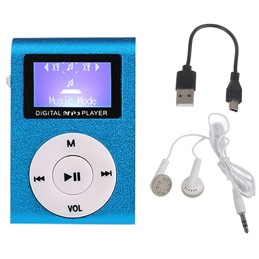 Metal Mini Mp3 Player + Earphones & Cable - Blue