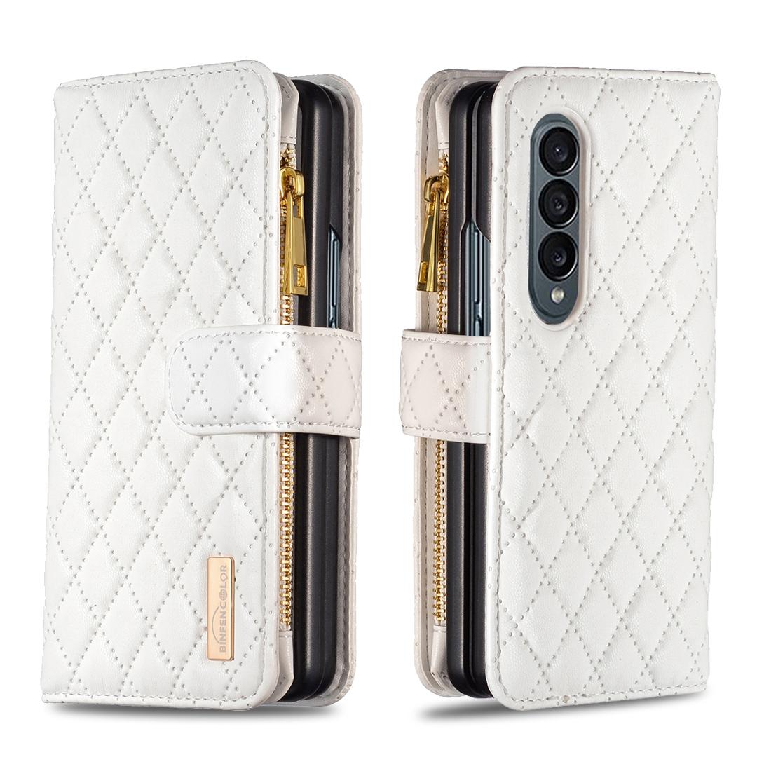 For Samsung Galaxy Z Fold4 5G Leather Zip Wallet - Diamond Lattice Design - White