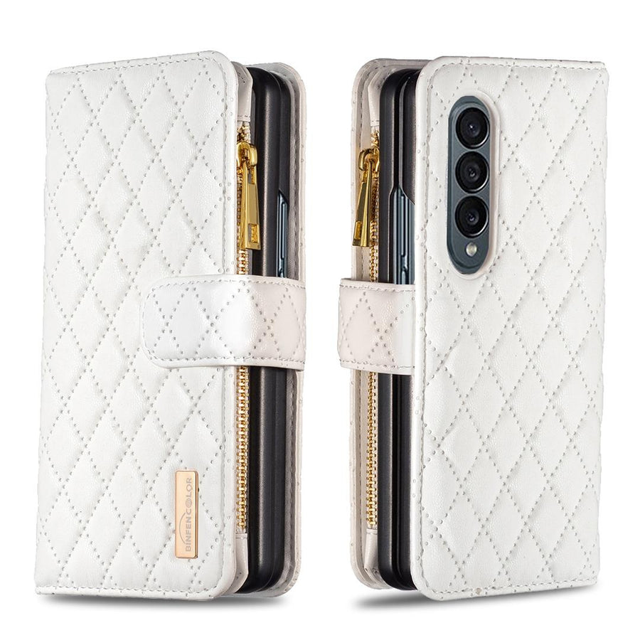 For Samsung Galaxy Z Fold4 5G Leather Zip Wallet - Diamond Lattice Design - White