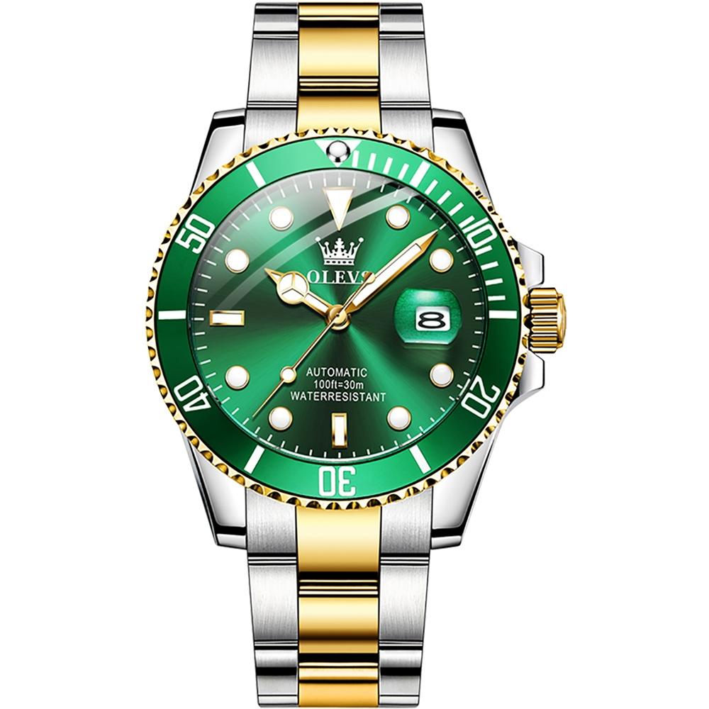 Waterproof Mechanical Watch for Men with Luminous Dial - Green + Gold