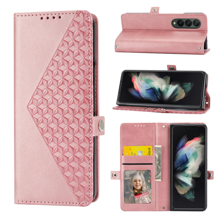 For Samsung Galaxy Z Fold4 5G Textured Leather Phone Case - Cubic Grid Design - Blue