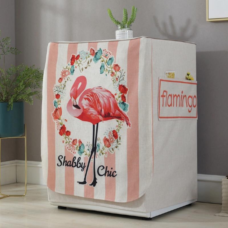 Cartoon Cotton Linen Drum Roller Washing Machine Dust Cover - 83x60x60cm Size - Flamingo