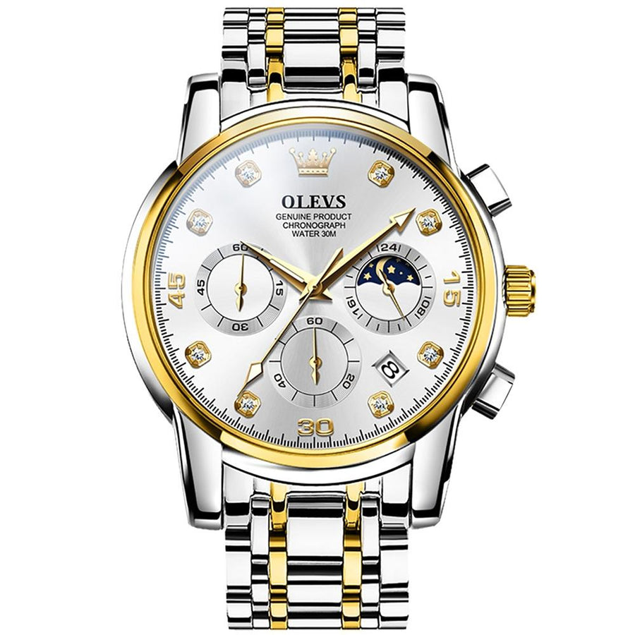 Waterproof Luminous Quartz Watch for Men - Multifunctional - White + Gold