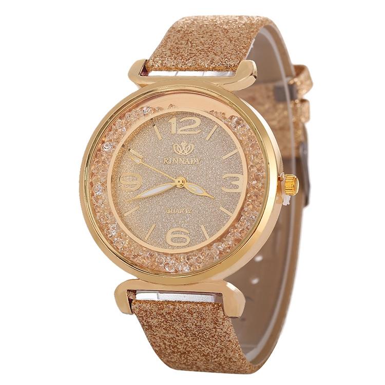 Gold Rhinestone Quartz Watch with Pu Leather Strap for Women - Gold